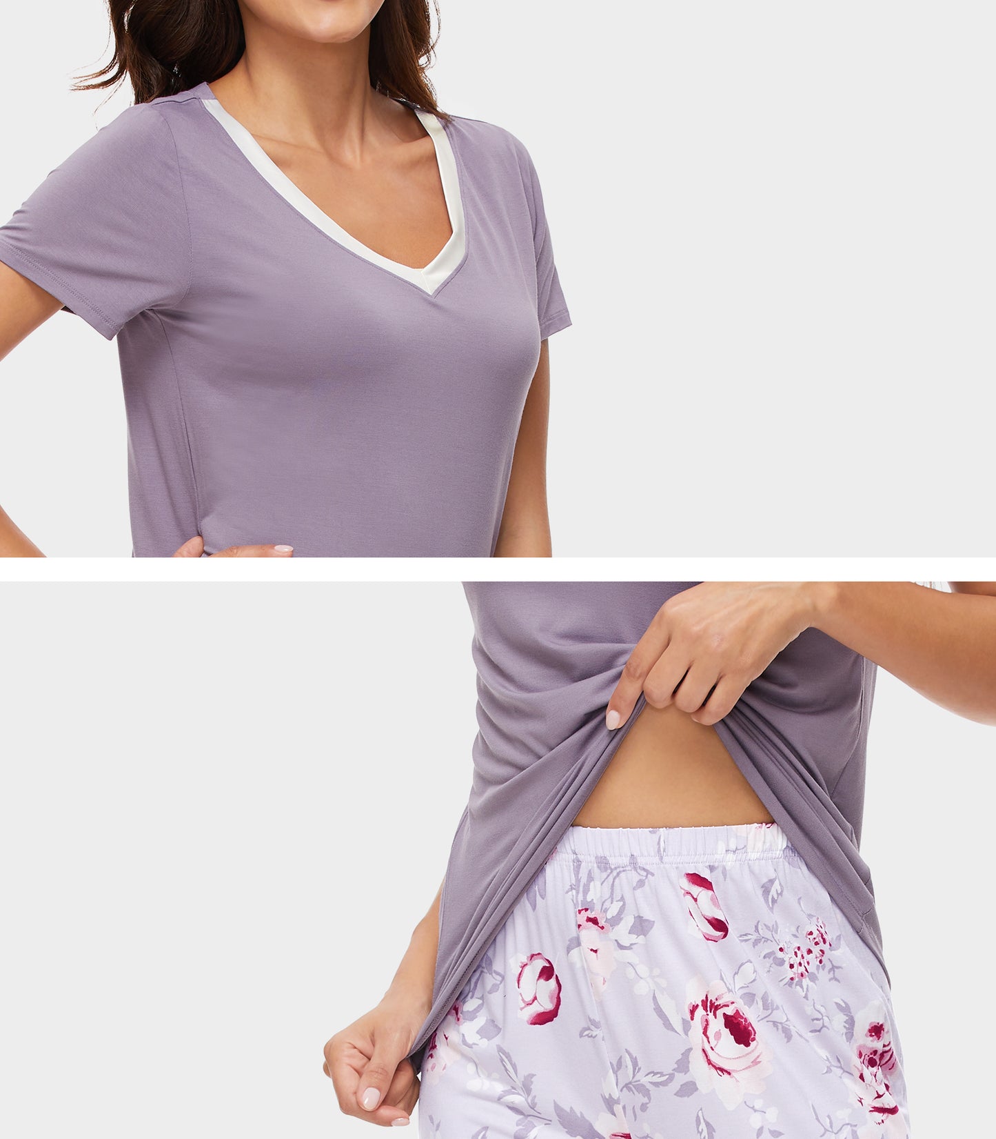 WiWi Bamboo Pajamas Set Soft Sleepwear Short Sleeve Top with Pant