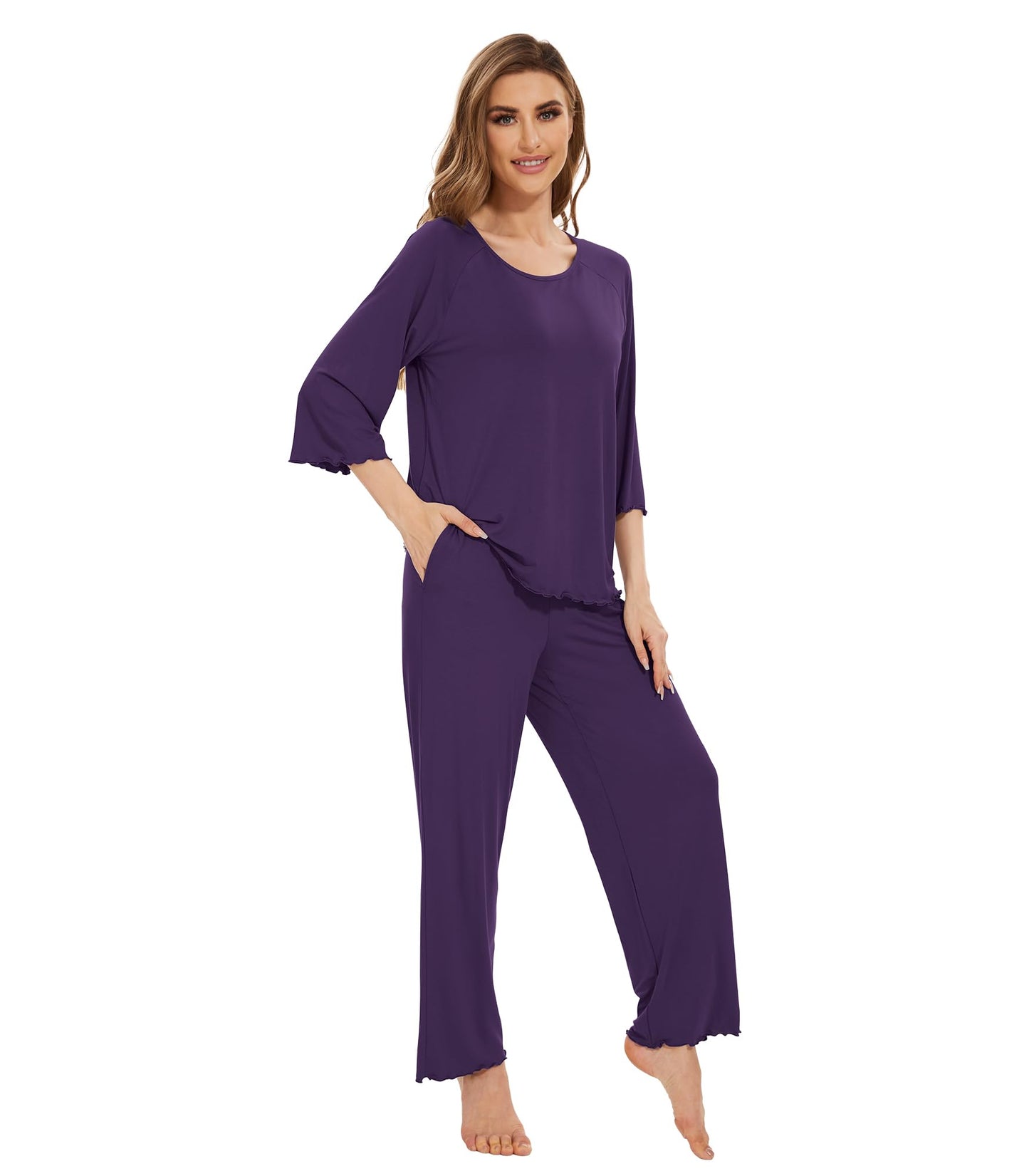 WiWi Bamboo Pajamas for Women Soft 3/4 Sleeve Sleepwear Casual Pj Set
