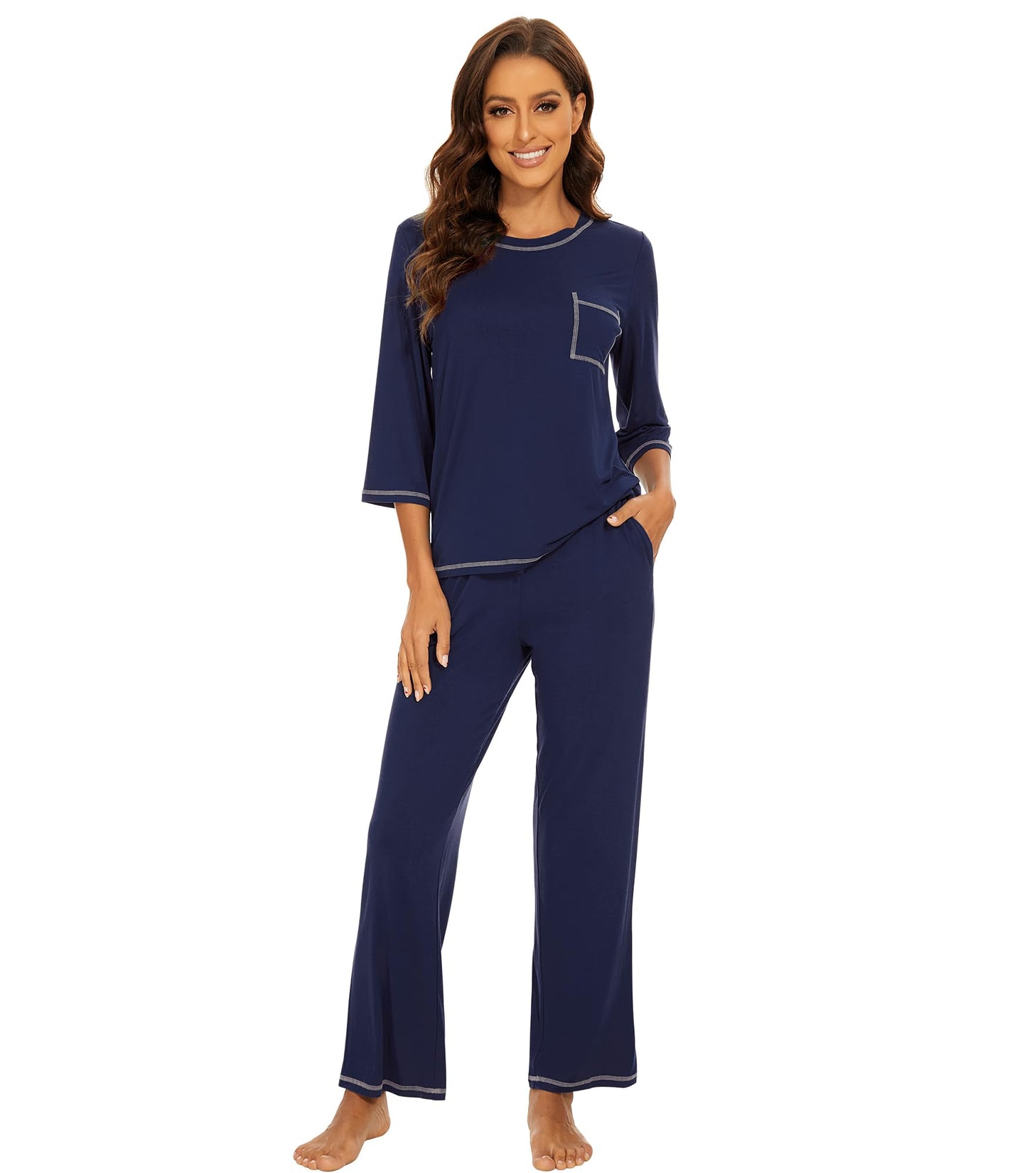 WiWi Women's Bamboo Pajama Sets Soft Loose Comfy Top with Pants
