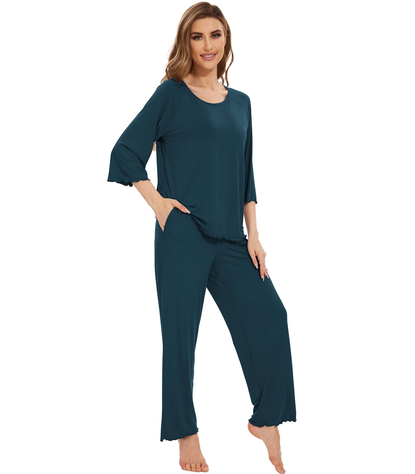 WiWi Bamboo Pajamas for Women Soft 3/4 Sleeve Sleepwear Casual Pj Set