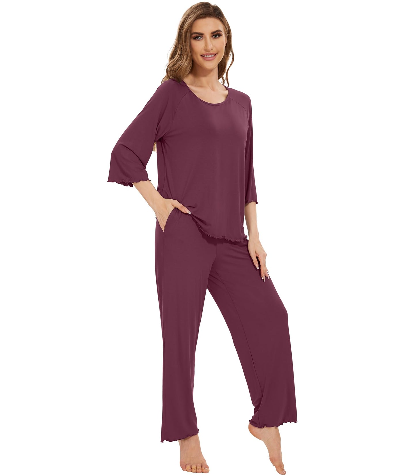 WiWi Bamboo Pajamas for Women Soft 3/4 Sleeve Sleepwear Casual Pj Set