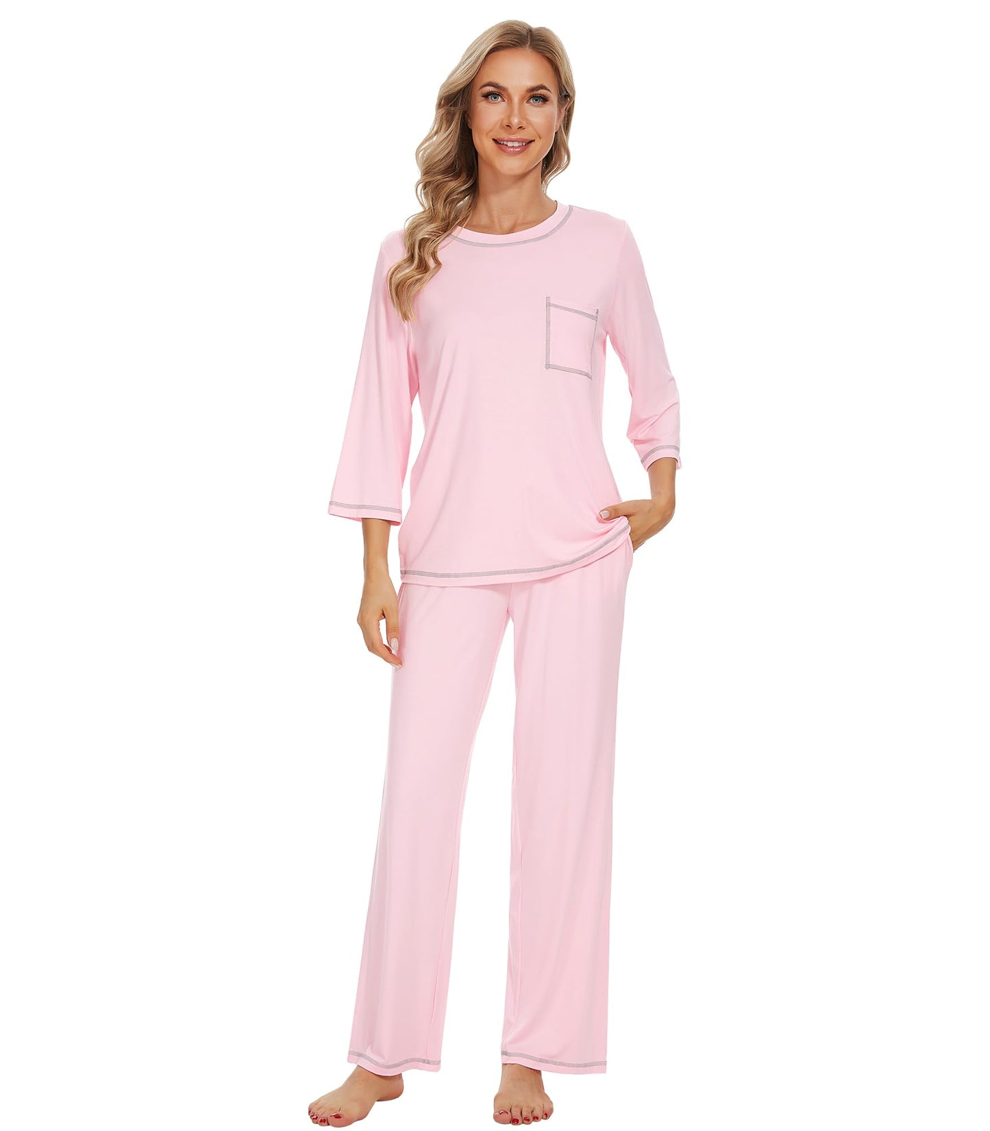 WiWi Women's Bamboo Pajama Sets Soft Loose Comfy Top with Pants