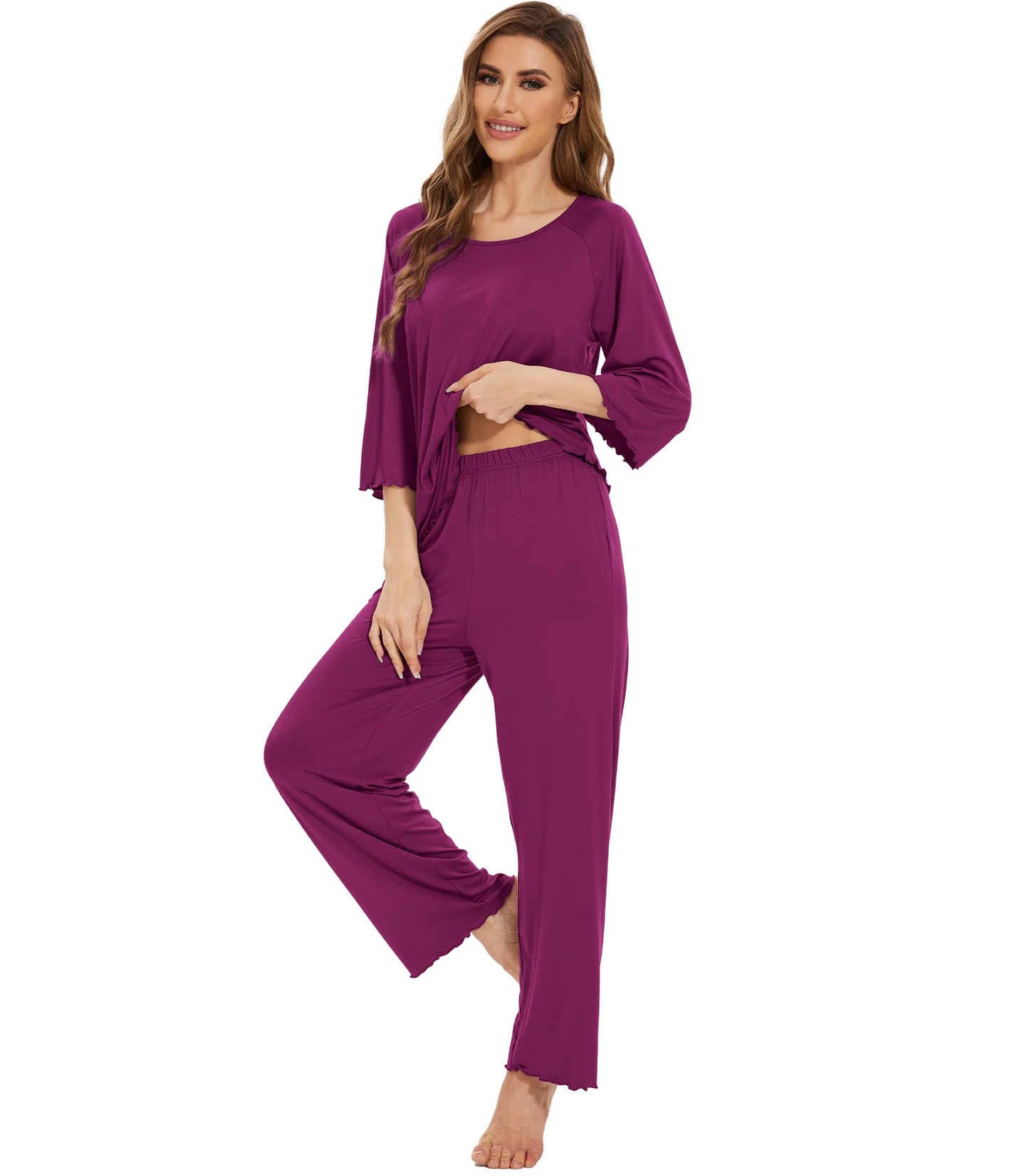 WiWi Bamboo Pajamas for Women Soft 3/4 Sleeve Sleepwear Casual Pj Set