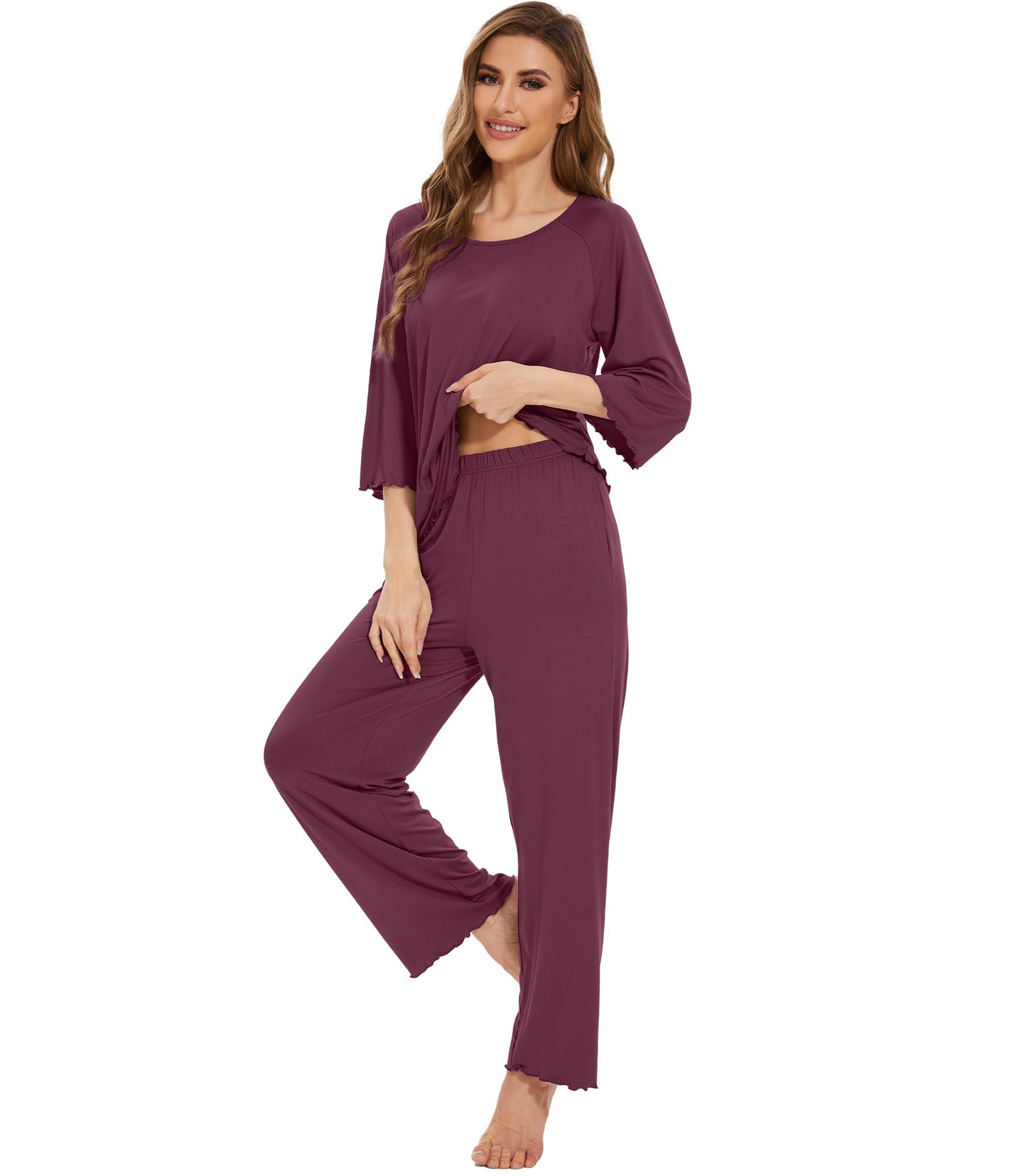 WiWi Bamboo Pajamas for Women Soft 3/4 Sleeve Sleepwear Casual Pj Set
