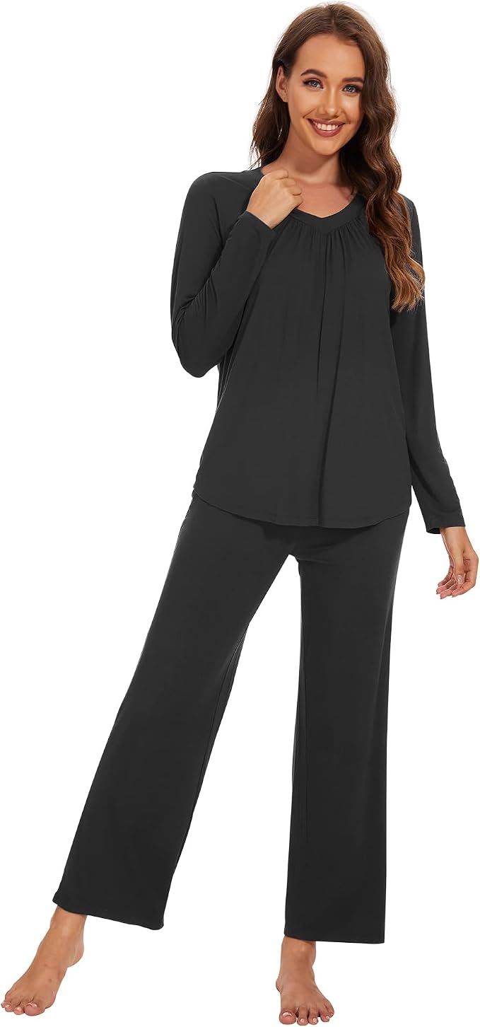 WiWi Womens Pajamas Set Sleepwear Loungewear Long Sleeve Pajama Sets Soft Pjs Viscose from Bamboo 2 Piece PJ S-XXL