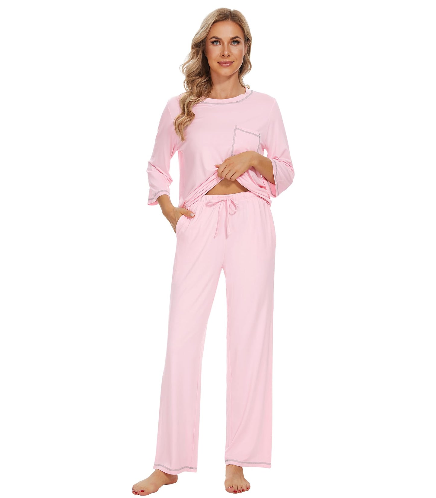 WiWi Women's Bamboo Pajama Sets Soft Loose Comfy Top with Pants