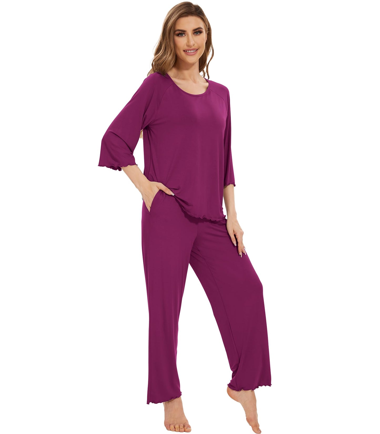 WiWi Bamboo Pajamas for Women Soft 3/4 Sleeve Sleepwear Casual Pj Set