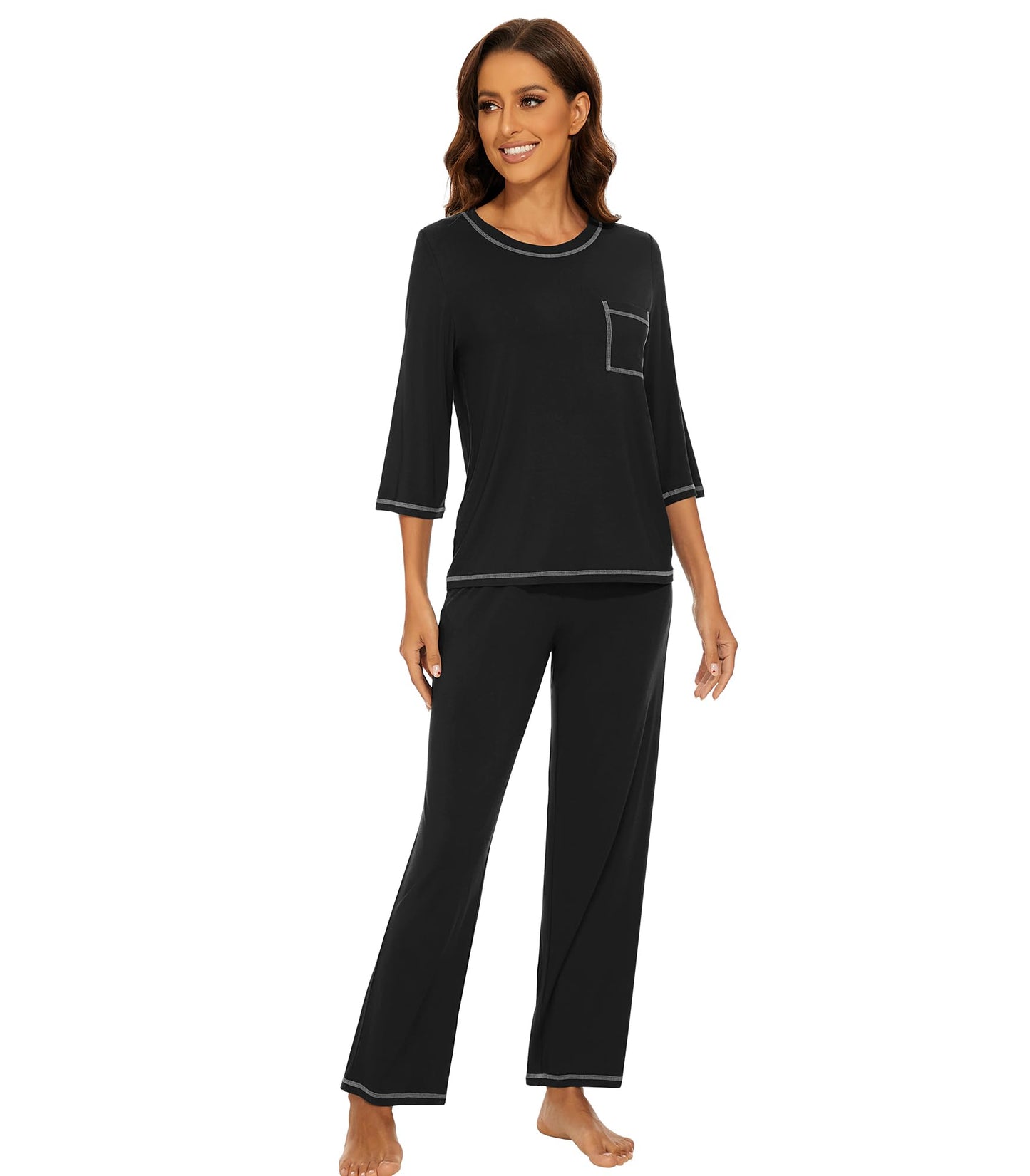 WiWi Women's Bamboo Pajama Sets Soft Loose Comfy Top with Pants