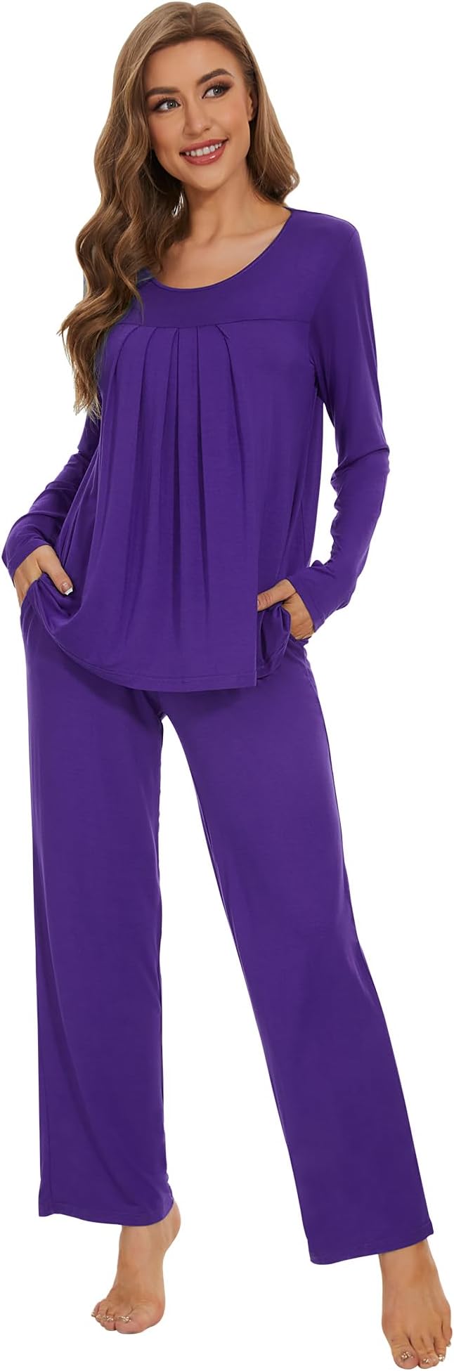 WiWi Women's Pajama Set Comfy Long Sleeve Tee Pants Sleepwear Soft Viscose from Bamboo 2 Piece Nightwear Pjs S-XXL