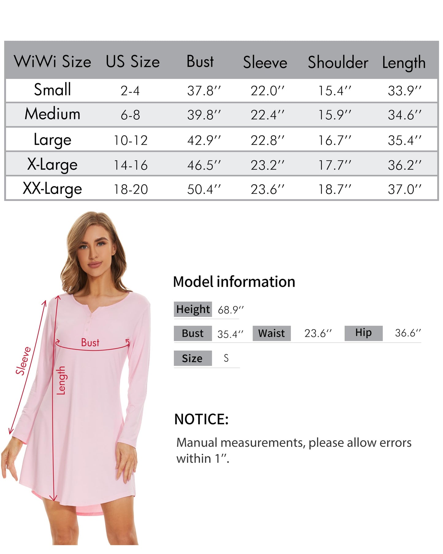 WiWi Women Bamboo Nightgowns Long Sleeve