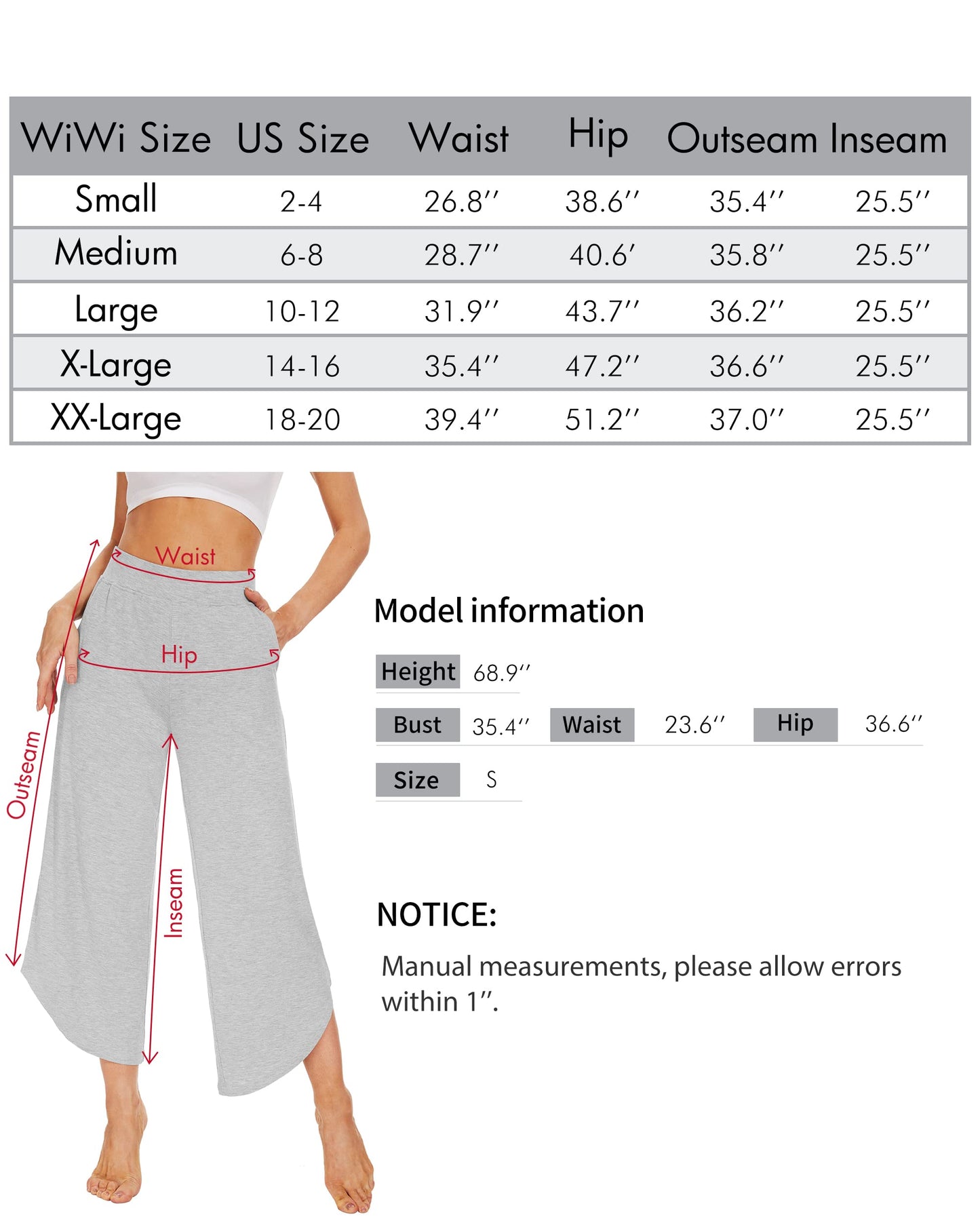 WiWi Women's Bamboo Viscose Wide Leg Capri Pajama Bottoms