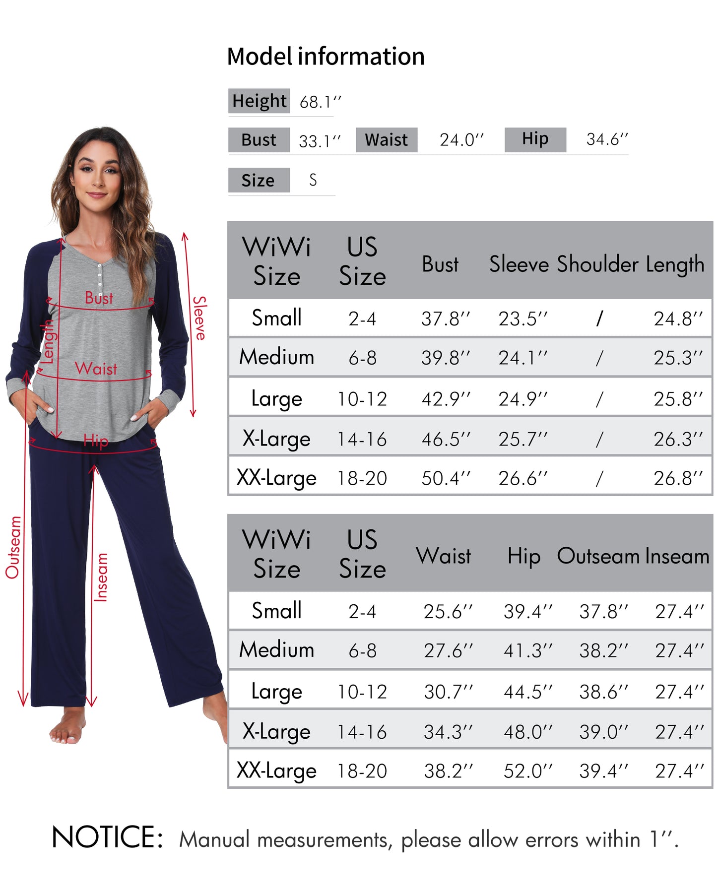 WiWi Womens Bamboo Long Sleeve Pajama Set