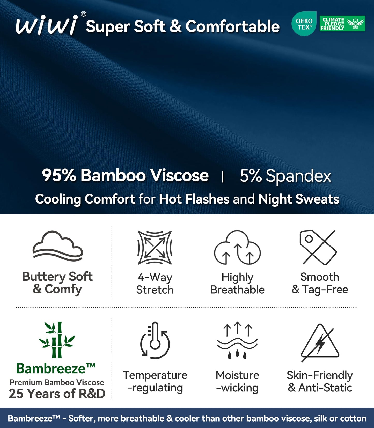 WiWi Women's Bamboo Pajama Sets Soft Loose Comfy Top with Pants