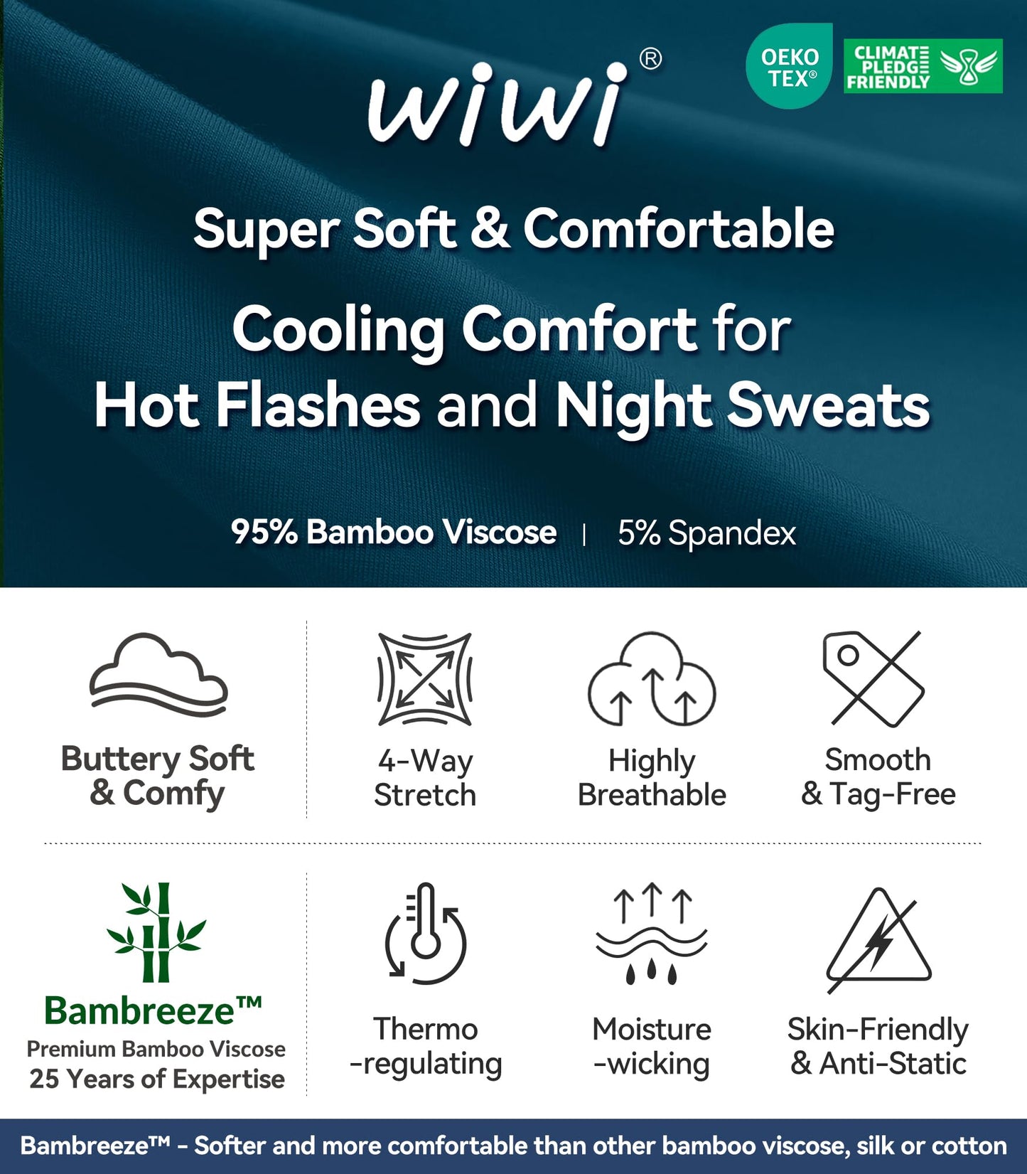 WiWi Bamboo Pajamas for Women Soft 3/4 Sleeve Sleepwear Casual Pj Set