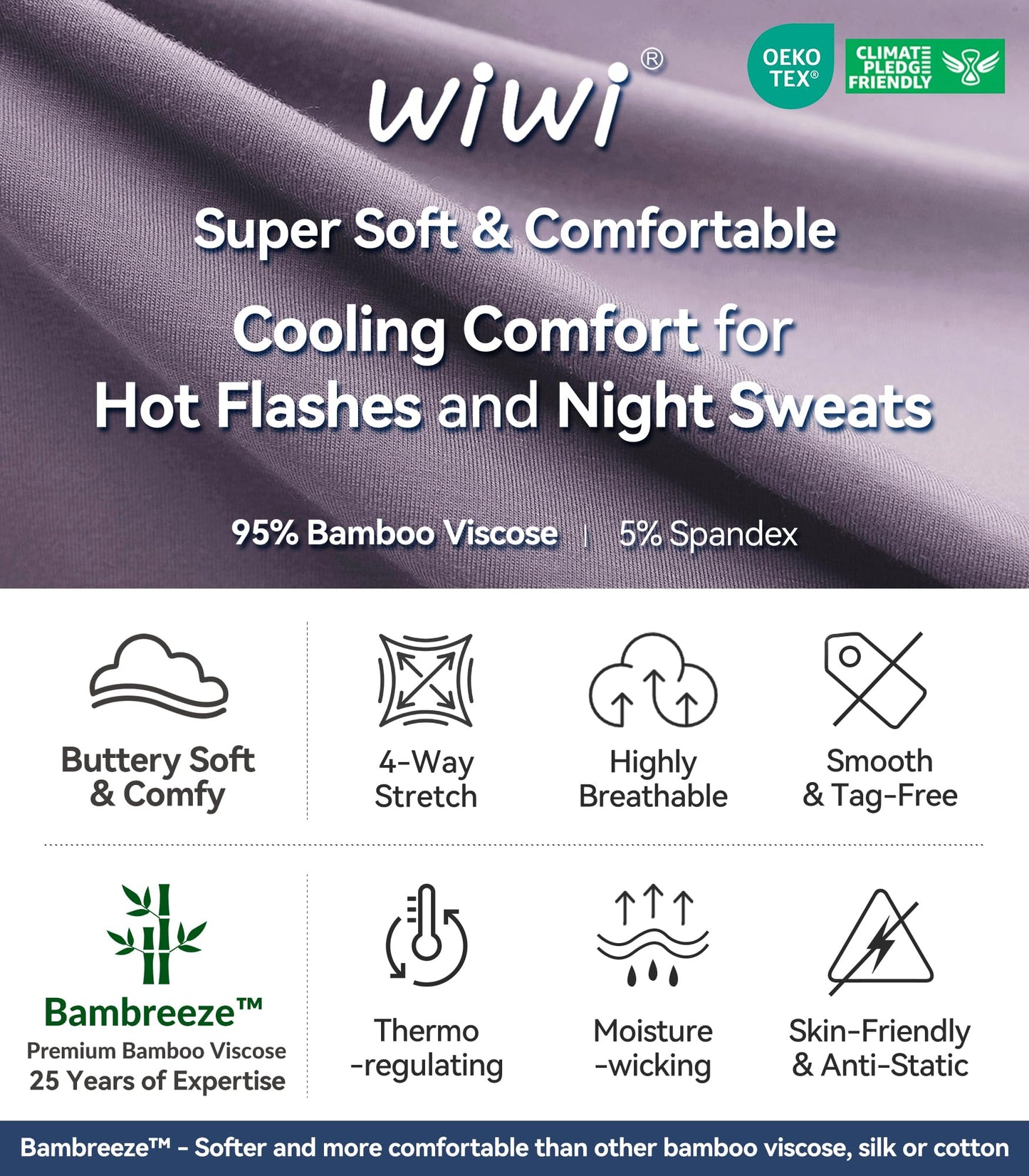 WiWi Bamboo Pajamas for Women Soft 3/4 Sleeve Sleepwear Casual Pj Set