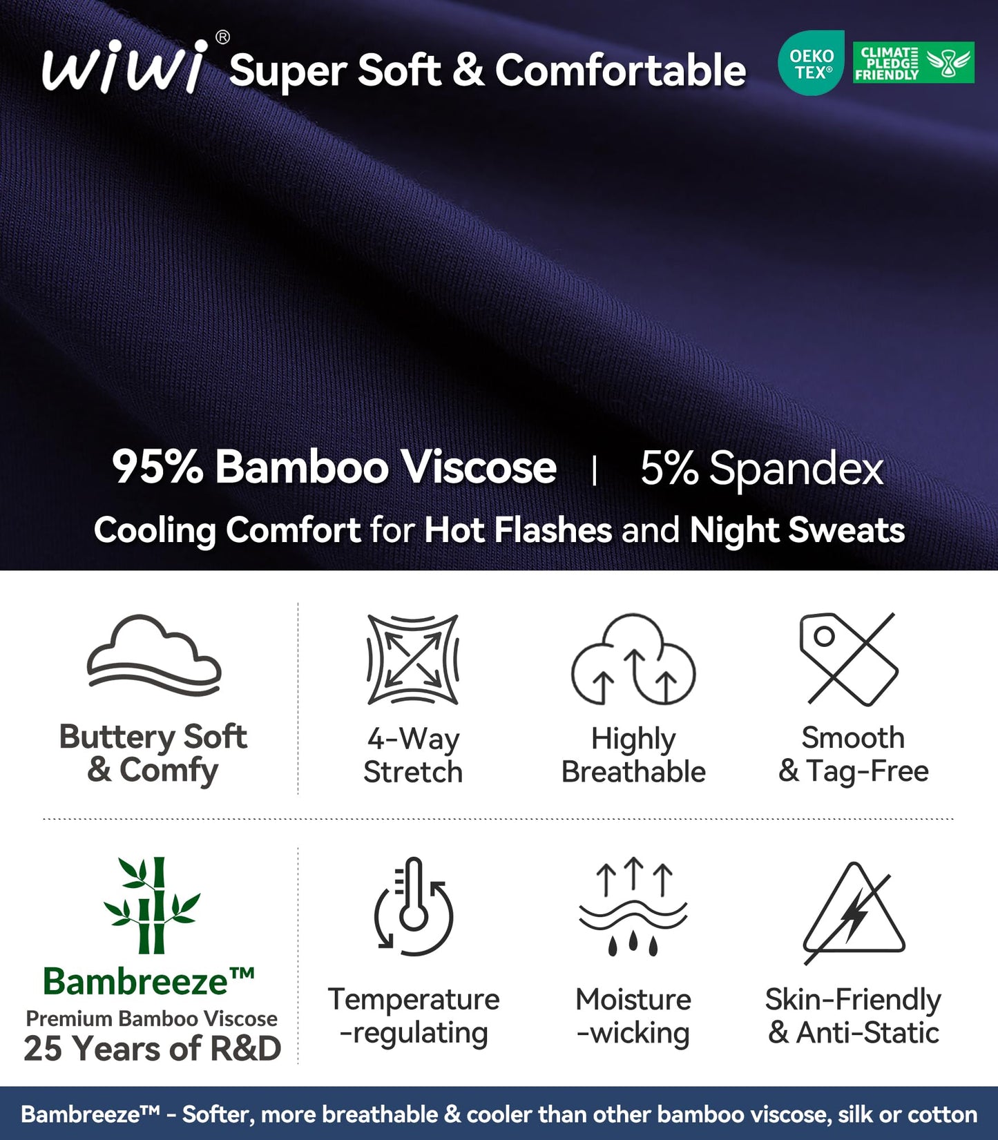 WiWi Women's Bamboo Pajama Sets Soft Loose Comfy Top with Pants