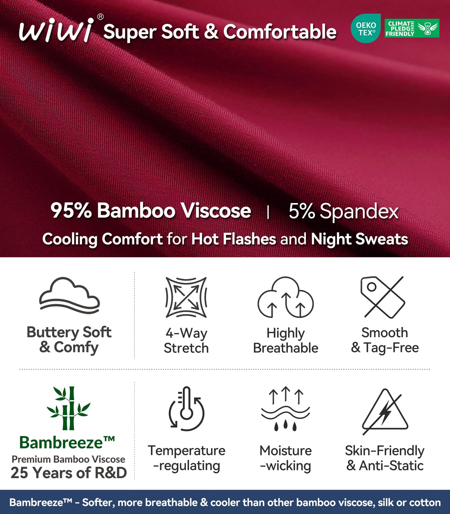 WiWi Women's Bamboo Pajama Sets Soft Loose Comfy Top with Pants