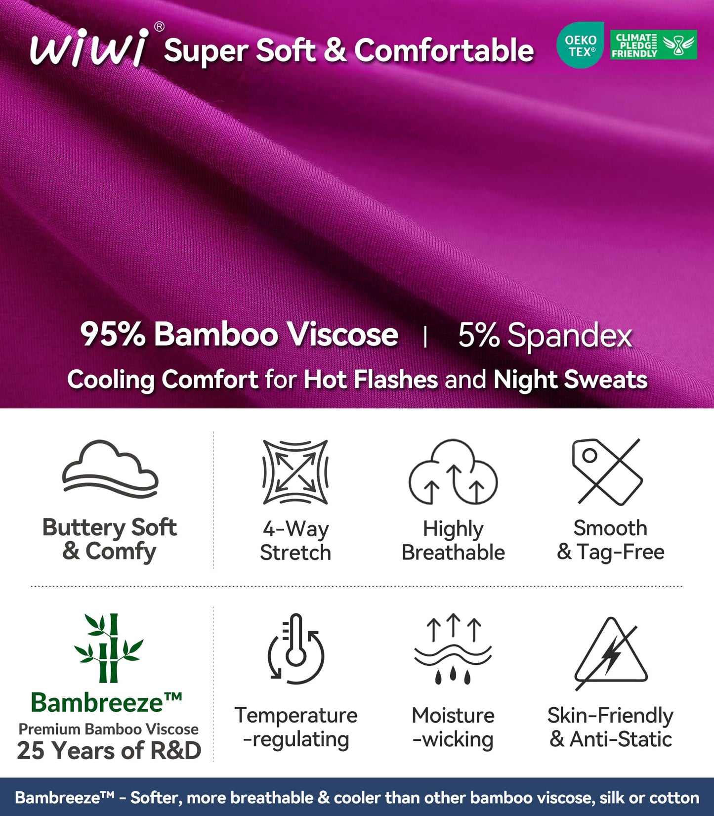 WiWi Women's Bamboo Pajama Sets Soft Loose Comfy Top with Pants