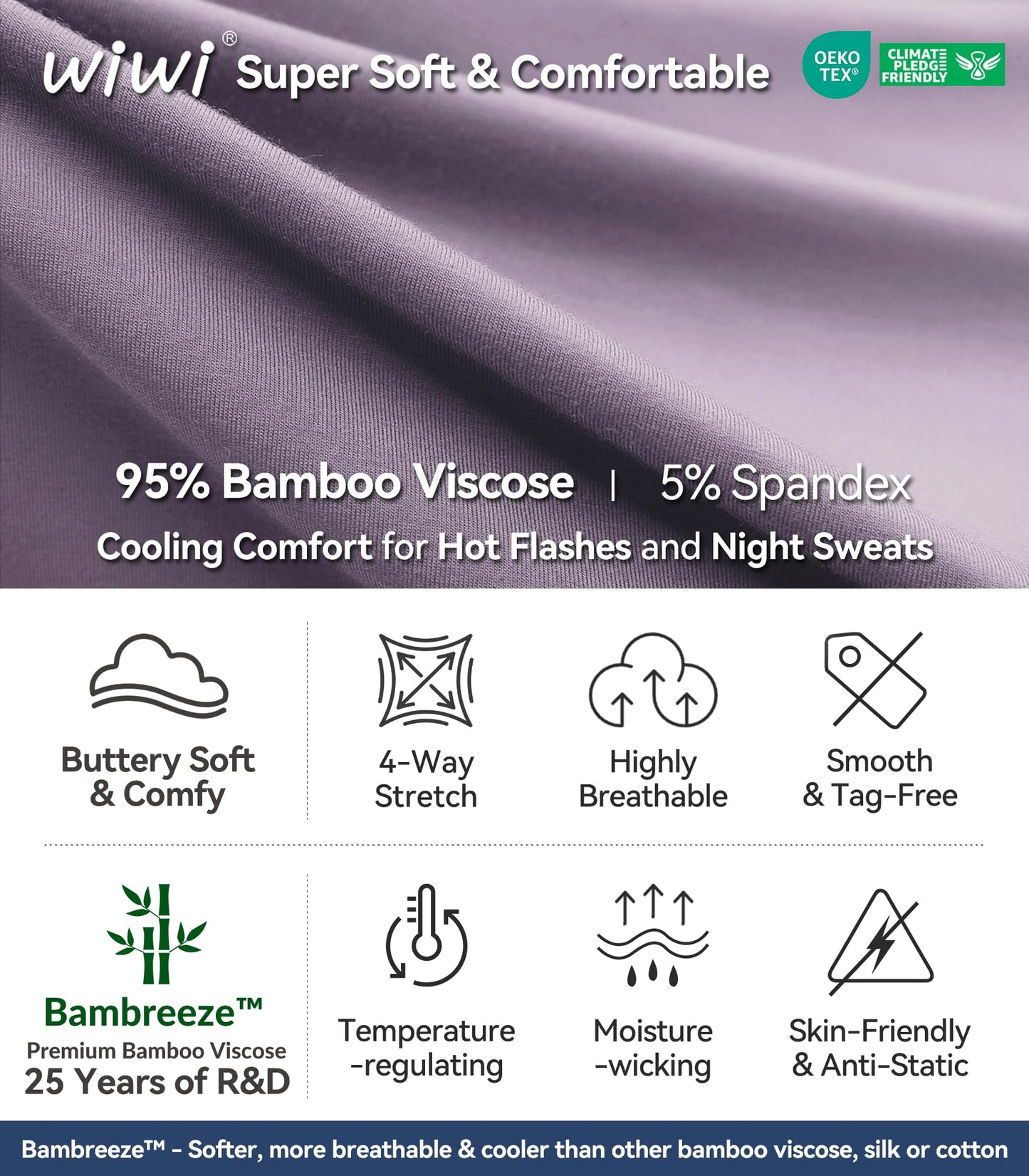 WiWi Women's Bamboo Pajama Sets Soft Loose Comfy Top with Pants