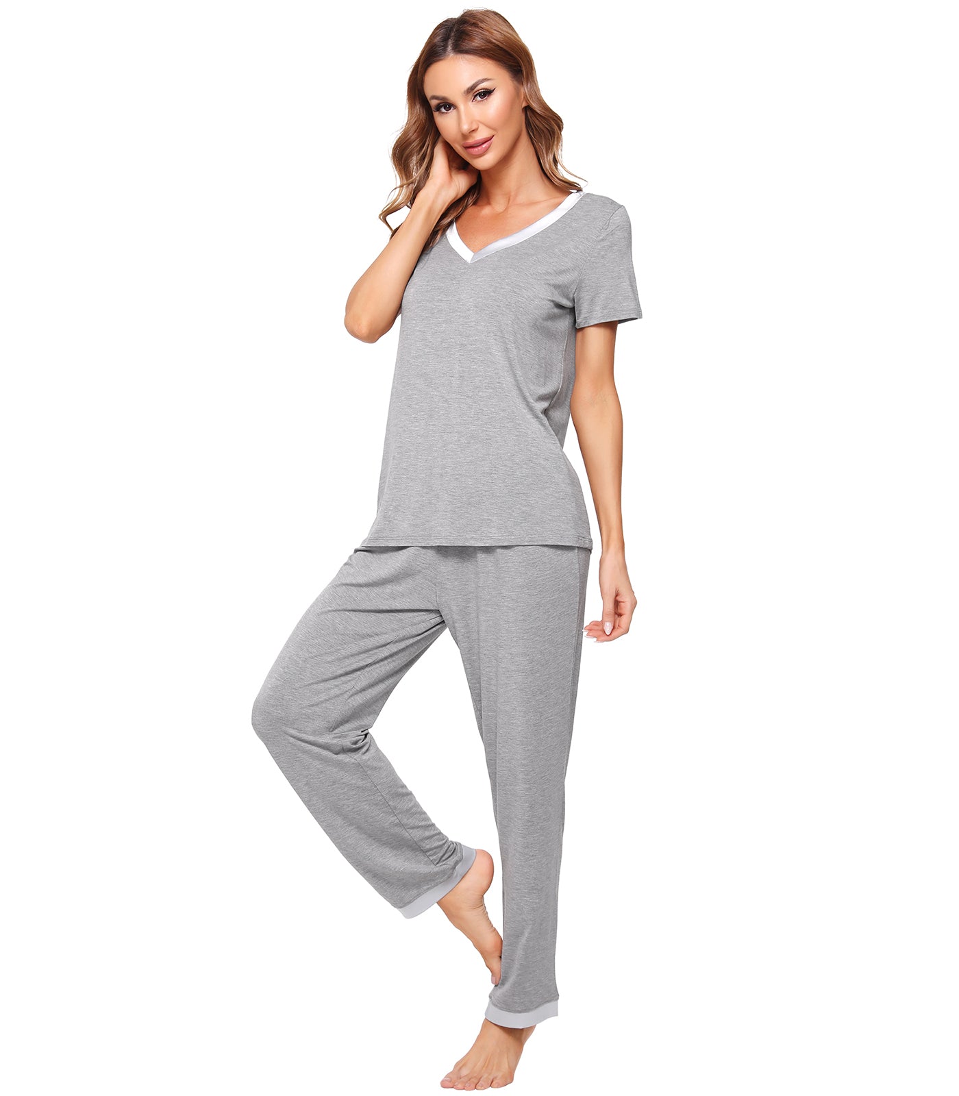 WiWi Womens Soft V-Neck Bamboo Pajama Sets