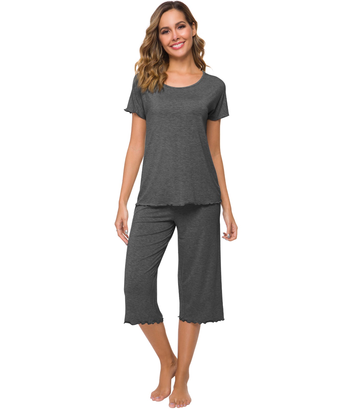 WiWi Women's Bamboo Pajama Set - Short Sleeve Top & Capri Pants, Soft Loungewear, Heather Grey, Small